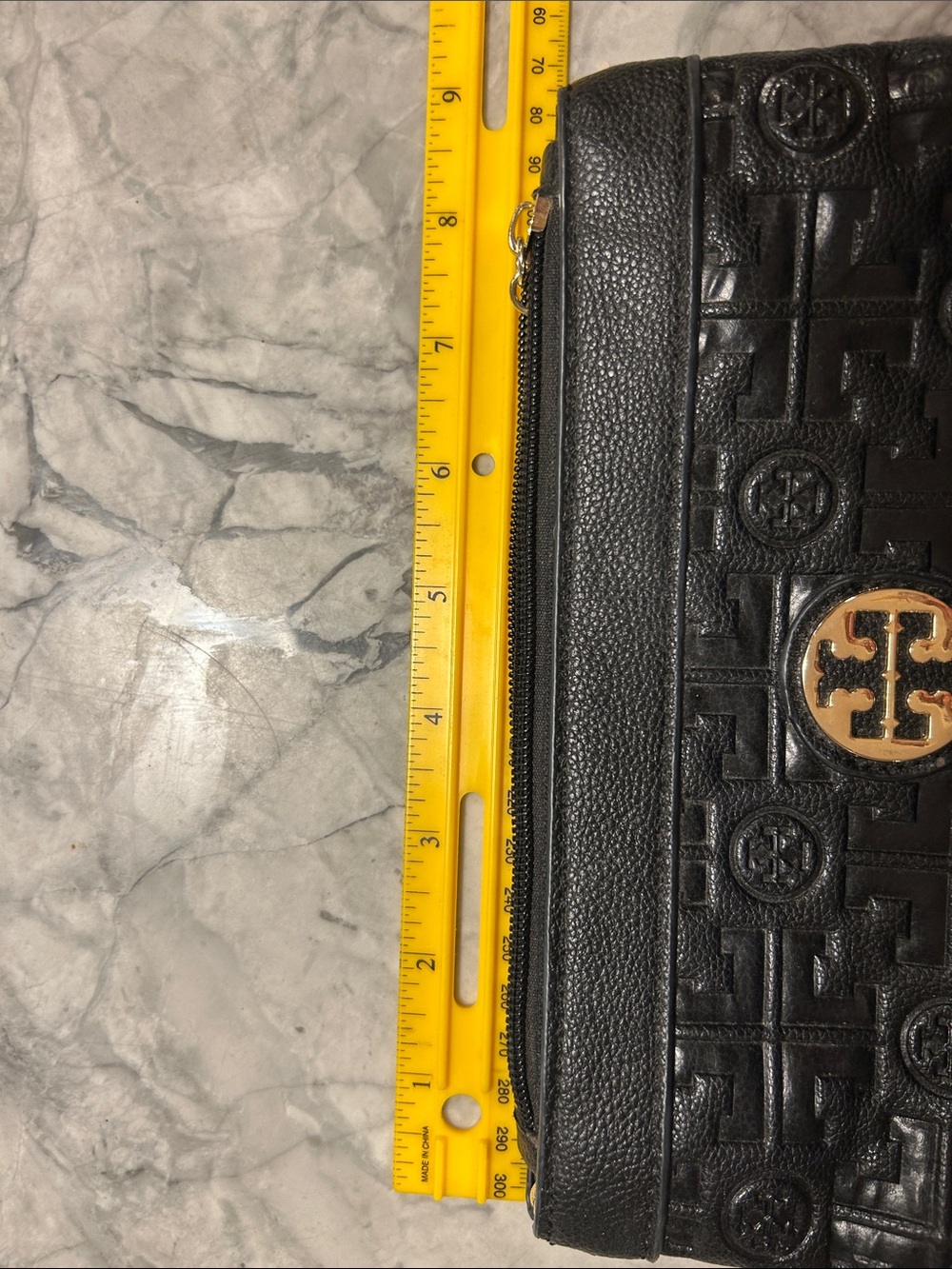 Tory Burch Black embossed leather Logo Pouch with Gold Tory Burch logo Accent. - Picture 10 of 12